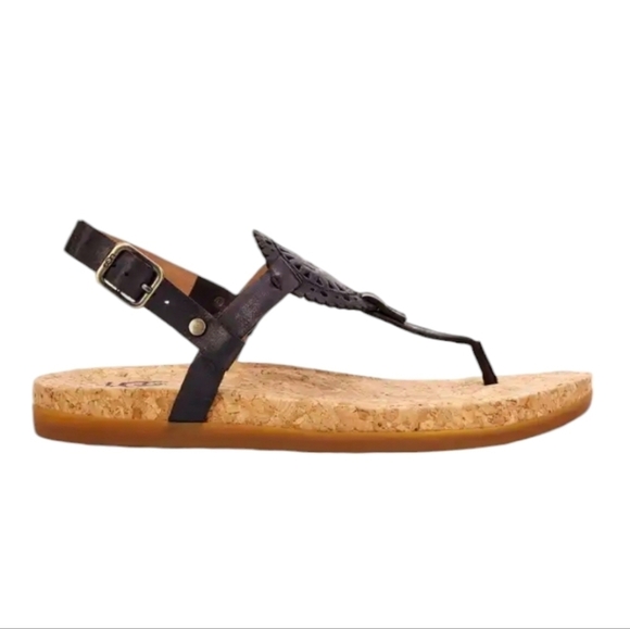 Ugg Women Ayden II Ankle Leather Wood Sandals T strap Sandals shoes sz 7 - Picture 1 of 11